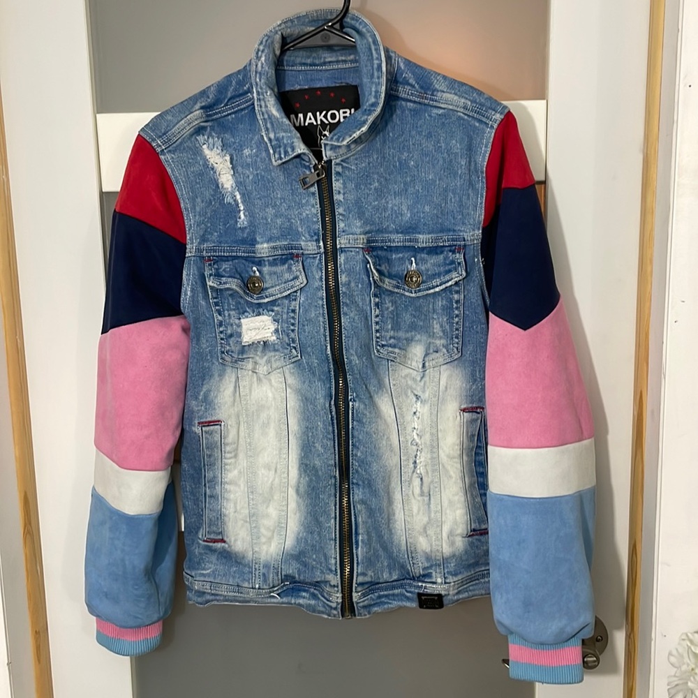 Makobi Mens Medium Full Zip Denim Jean Jacket Blue Pink White Distressed